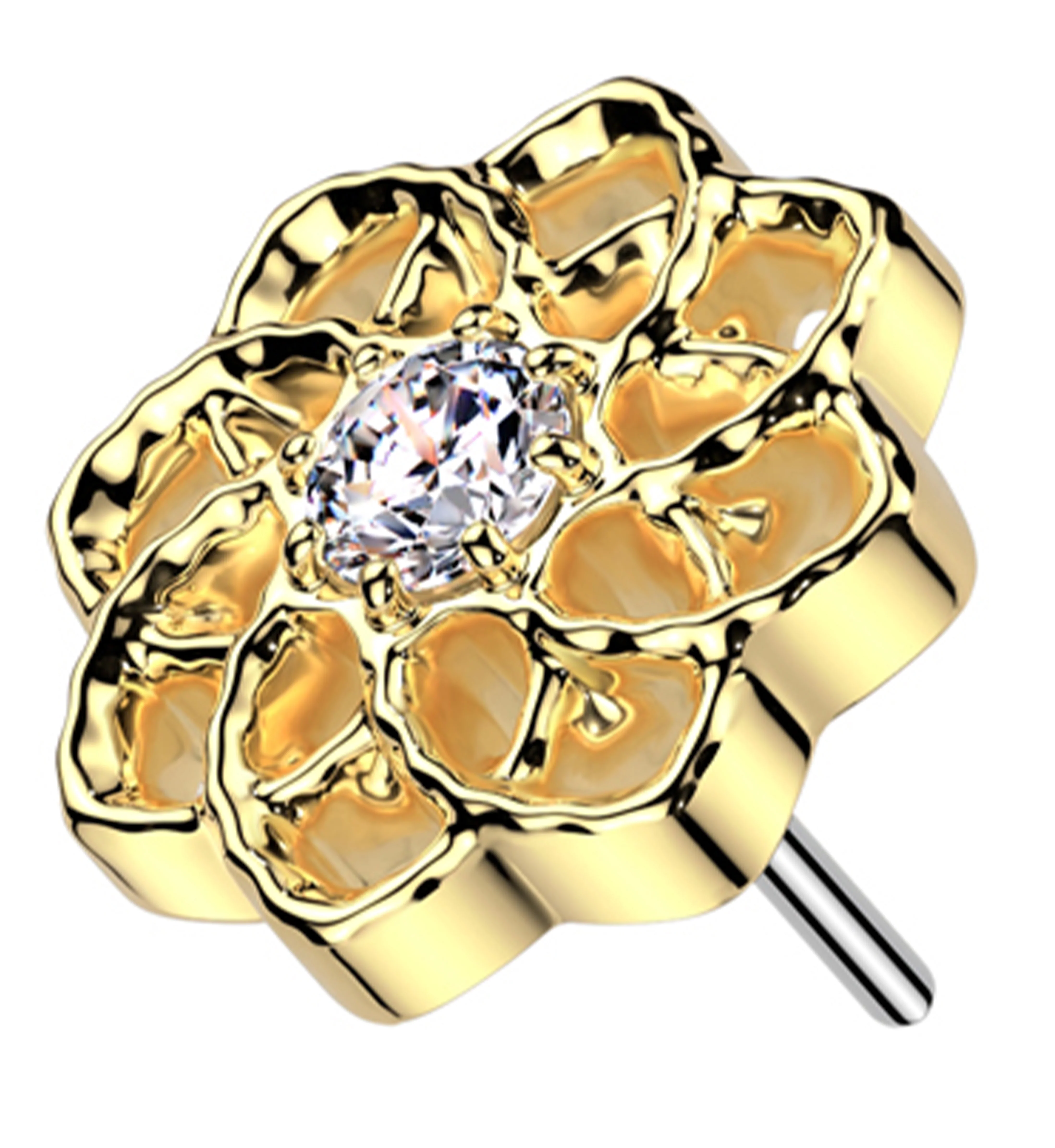 Gold PVD Geo Flower Clear CZ Threadless Titanium Top - Mrs Treak