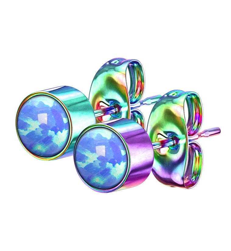 Rainbow PVD Bezel Blue Opalite Stainless Steel Earrings - Mrs Treak