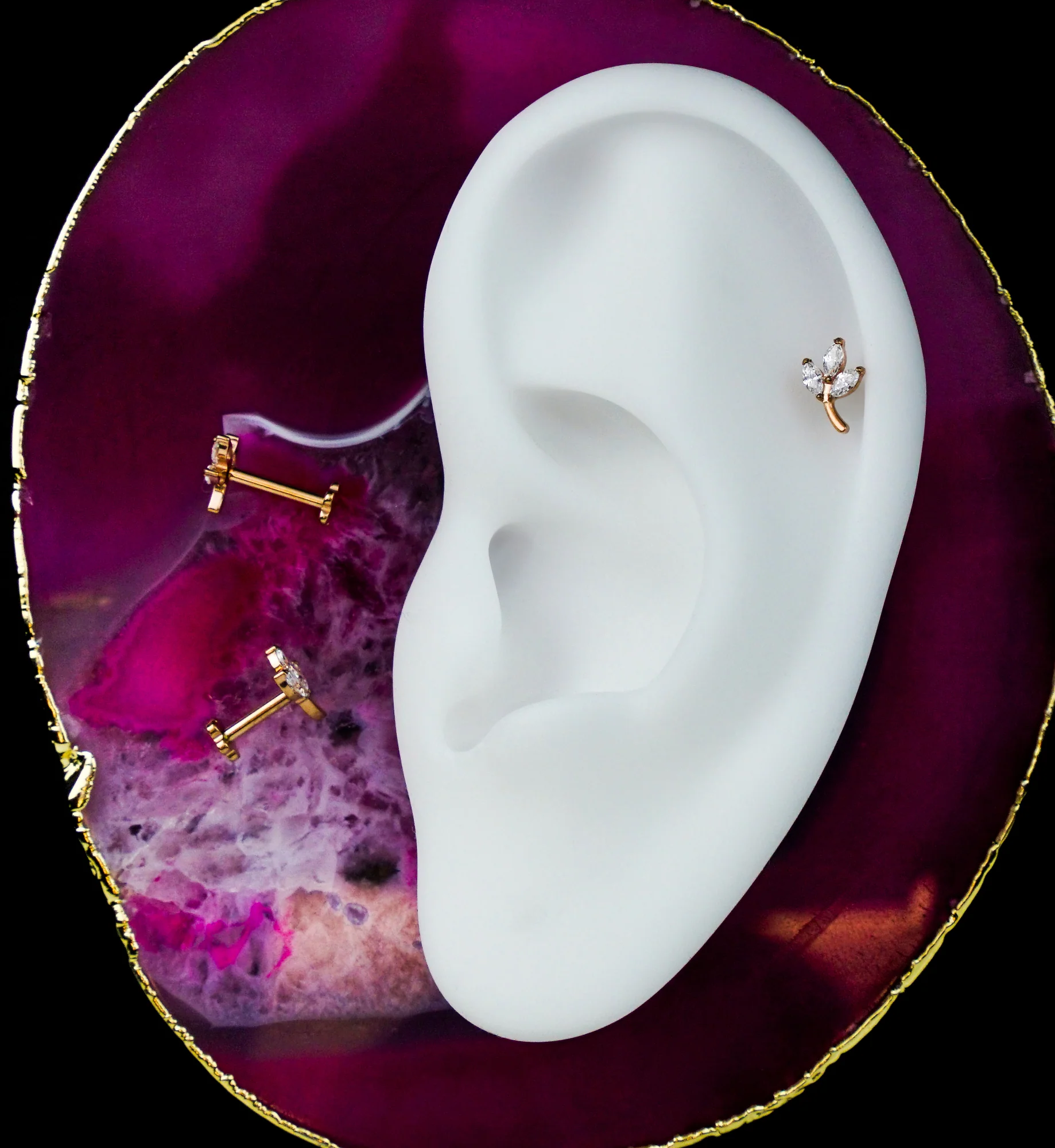 Rose Gold PVD Marquise Leaf Clear CZ Flower Back Titanium Threadless Labret - Mrs Treak