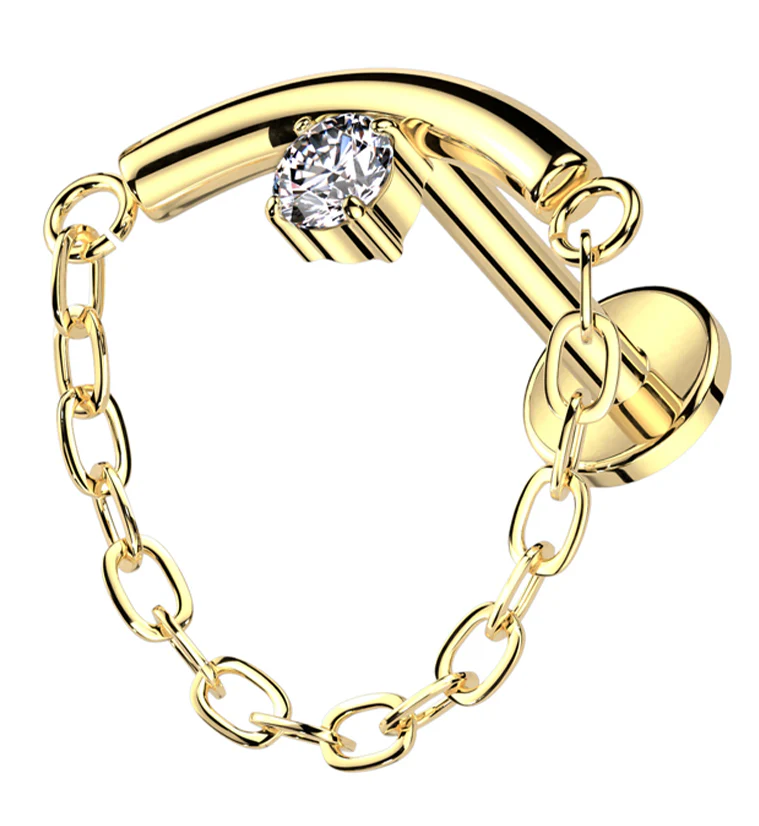 Gold PVD Curved Bar Clear CZ Dangle Chain Titanium Internally Threaded Labret - Mrs Treak