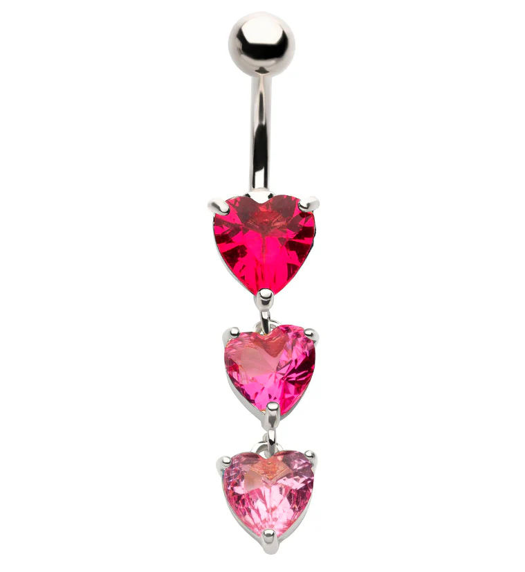 Triple Heart Pink CZ Dangle Stainless Steel Belly Button Ring - Mrs Treak