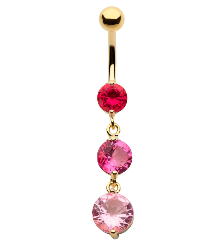 Gold PVD Triple Round Pink CZ Dangle Stainless Steel Belly Button Ring - Mrs Treak
