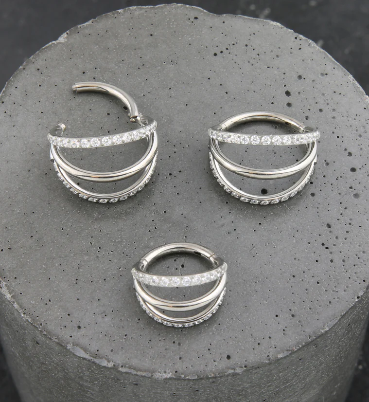 Triple Side Bar Dual Clear CZ Row Titanium Hinged Segment Ring - Mrs Treak