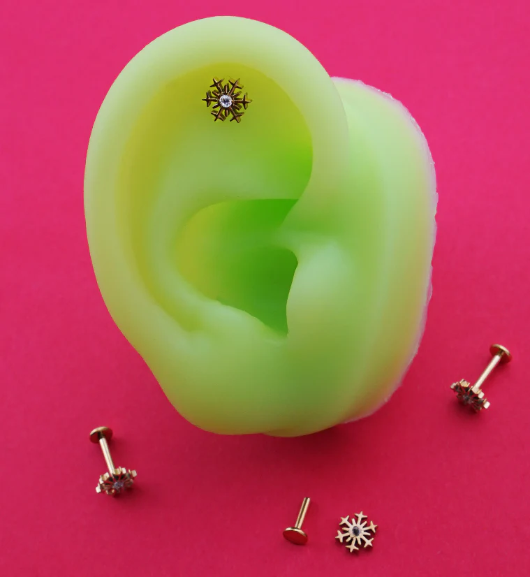 Gold PVD Snowflake Centered CZ Titanium Internally Threaded Labret - Mrs Treak