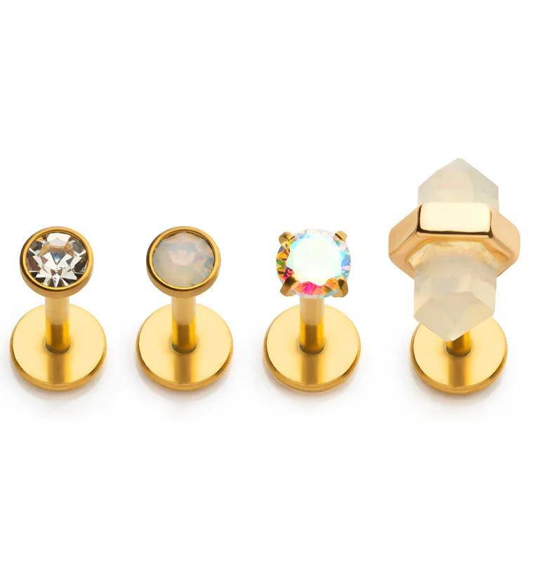 Gold PVD CZ and Opalite Stainless Steel Internally Threaded Labret (Pack of 4) - Mrs Treak