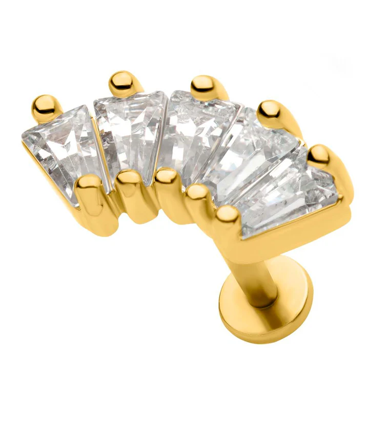 Gold PVD Crest Baguette Clear CZ Stainless Steel Internally Threaded Labret - Mrs Treak