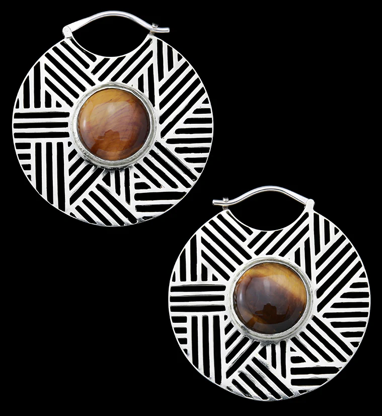 Haphazard Tigers Eye Stone White Brass Ear Weights - Mrs Treak