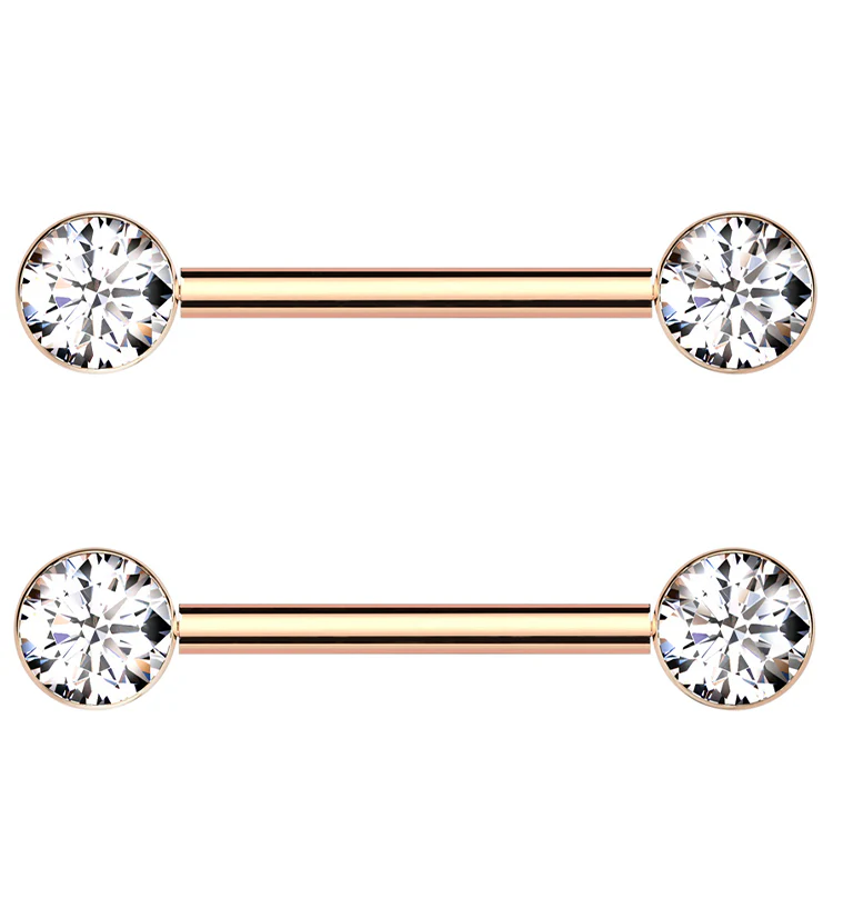 Rose Gold PVD Bezel Clear CZ Threadless Titanium Nipple Barbells - Mrs Treak