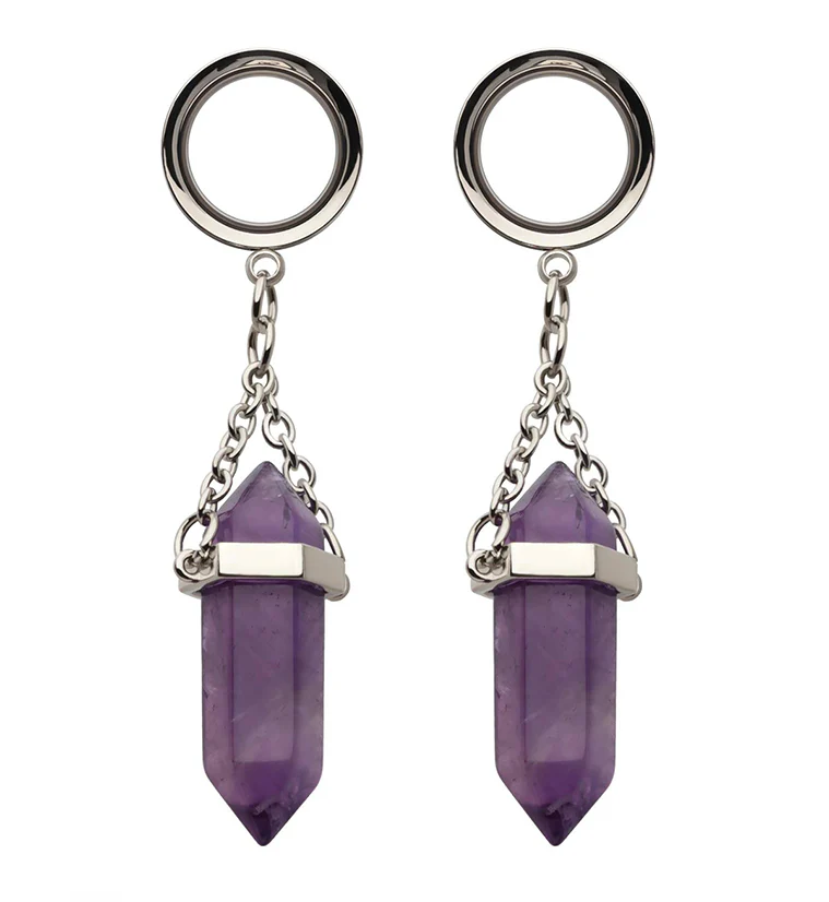 Amethyst Crystal Dangle Stainless Steel Tunnel Plugs - Mrs Treak