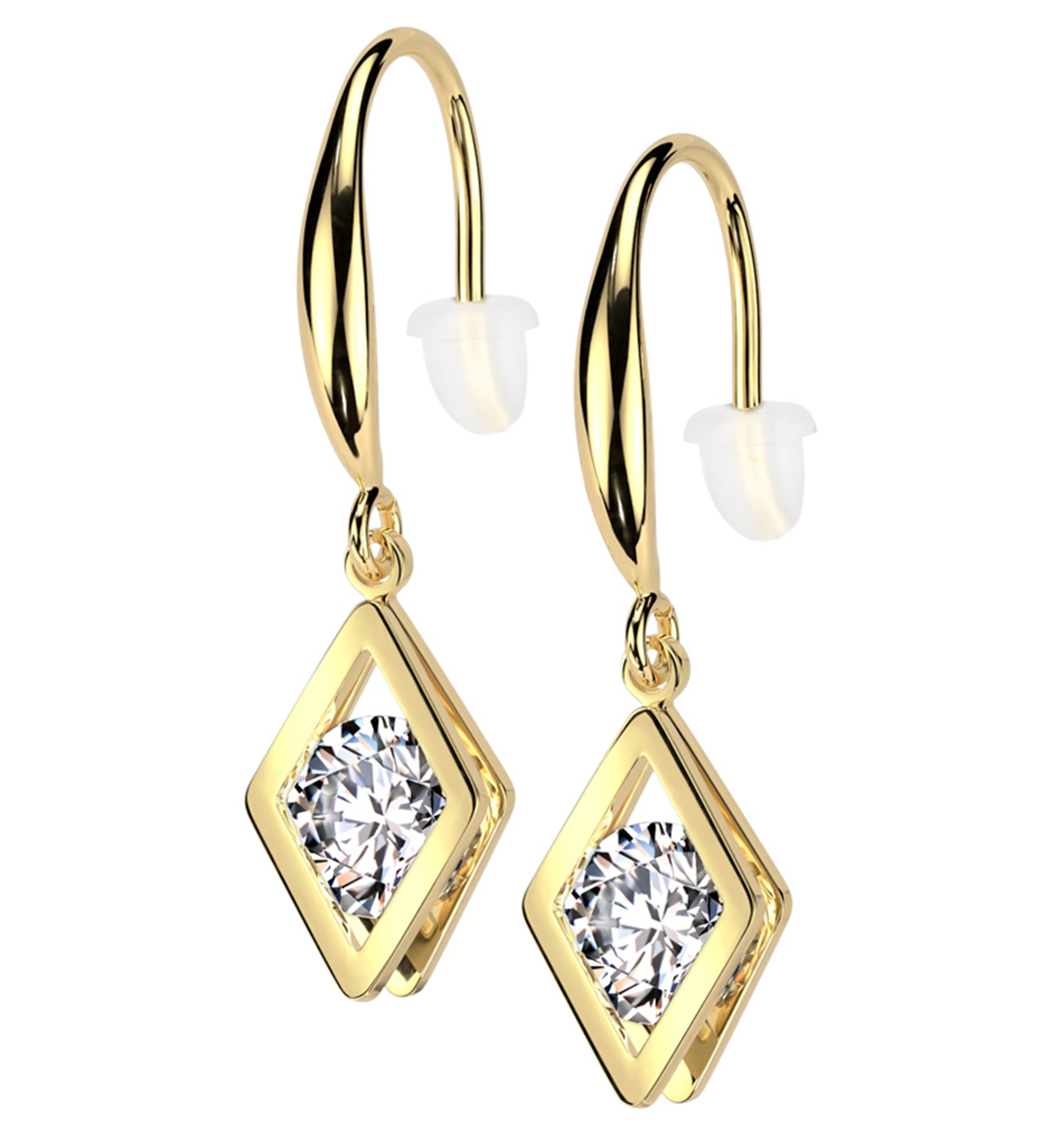Gold PVD Rhombus Clear CZ Dangle Stainless Steel Earrings - Mrs Treak
