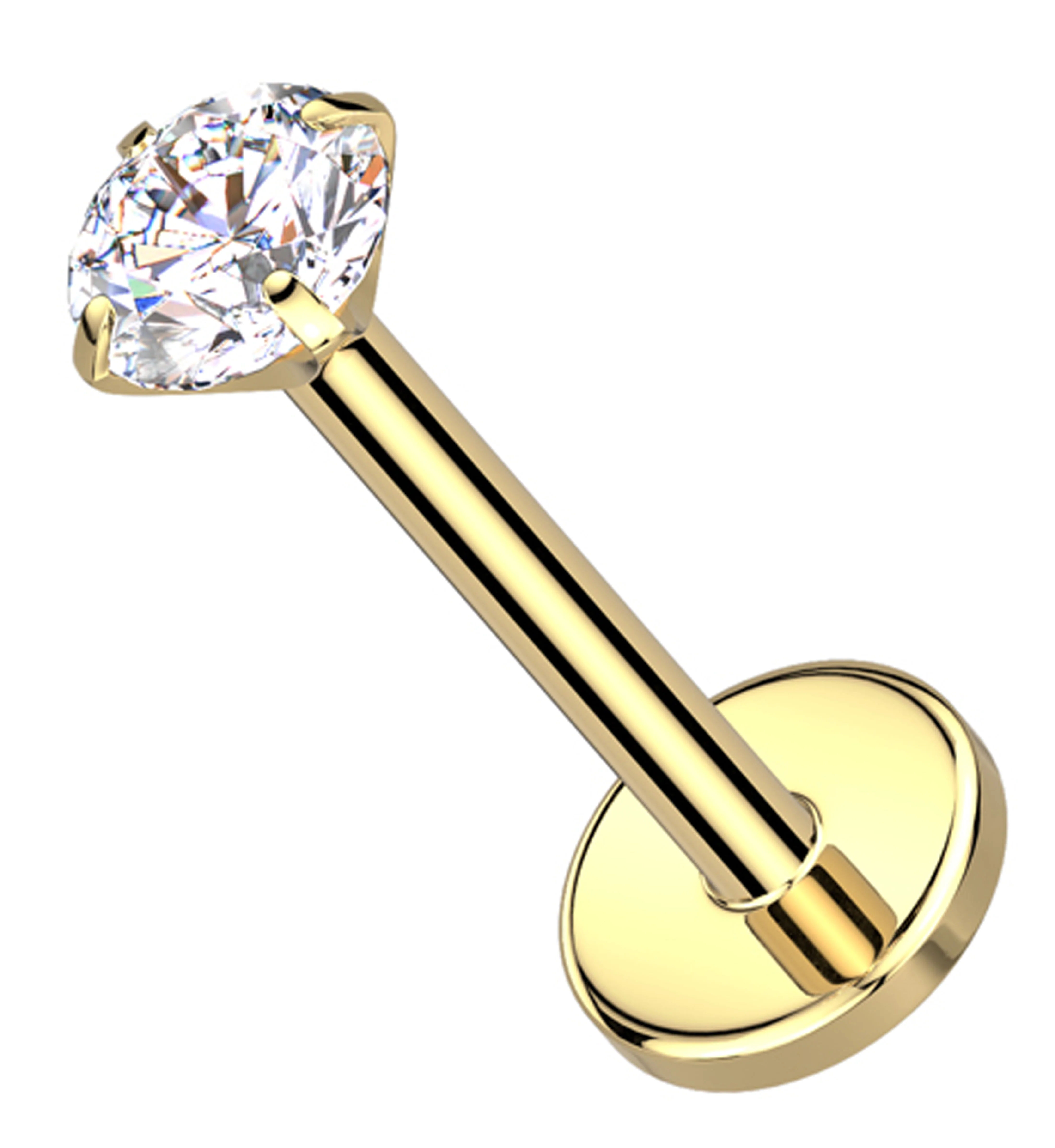 Gold PVD Prong Clear CZ Flat Disk Titanium Threadless Labret - Mrs Treak