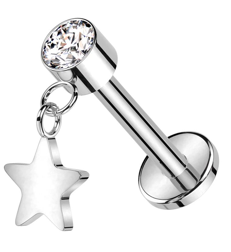 Star Dangle Clear CZ Titanium Threadless Labret - Mrs Treak