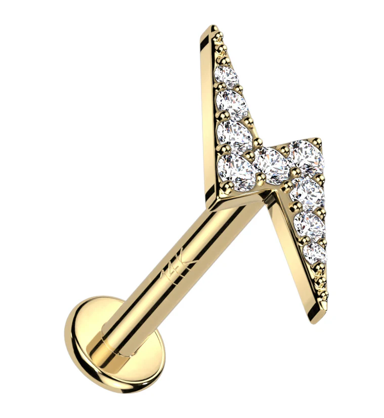 14kt Gold Lightning Bolt CZ Internally Threaded Labret - Mrs Treak