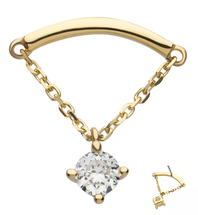 14kt Gold Curve Bar Clear CZ Dangle Chain Threadless Top - Mrs Treak