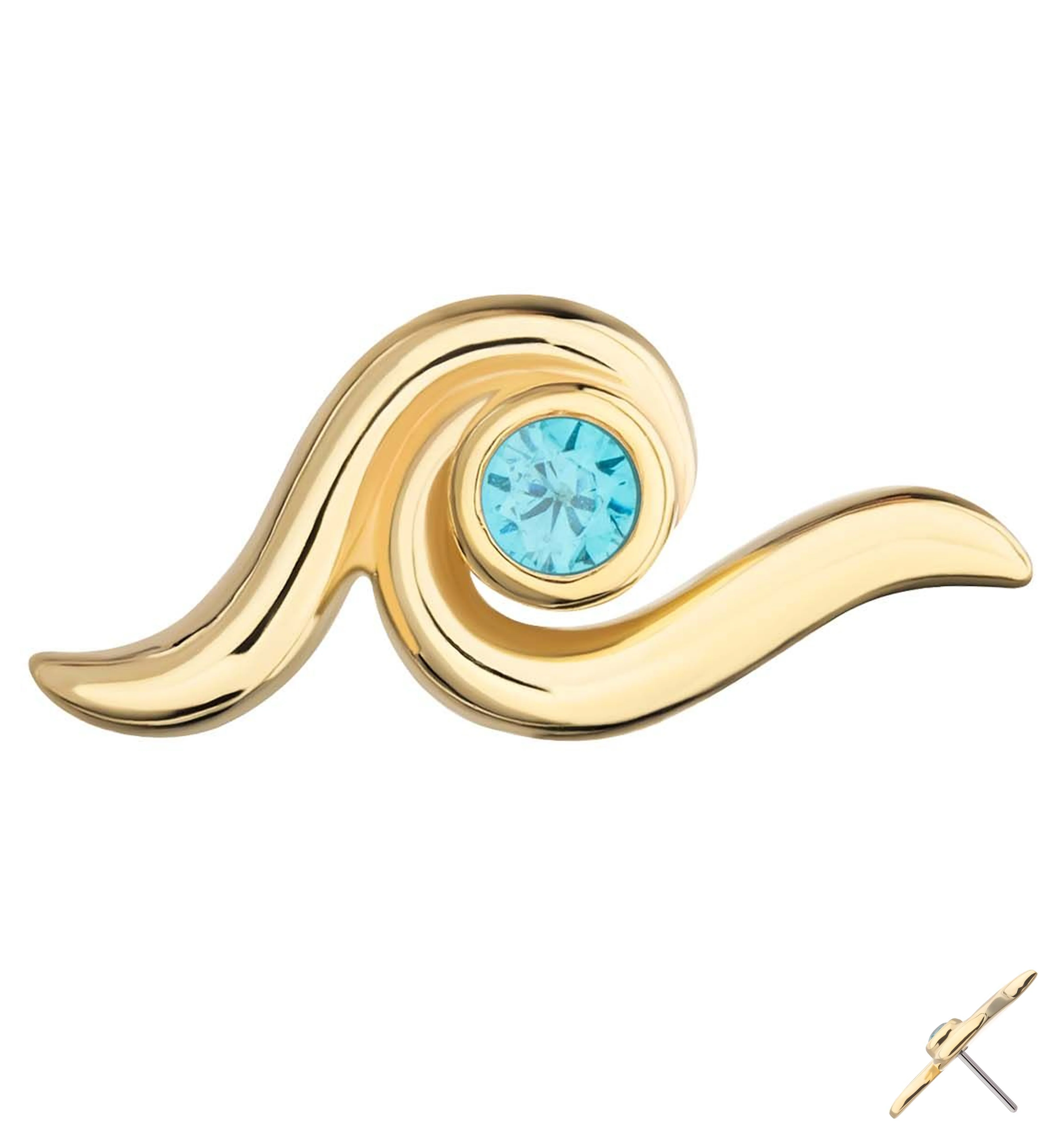 14kt Gold Wave Aqua CZ Threadless Top - Mrs Treak