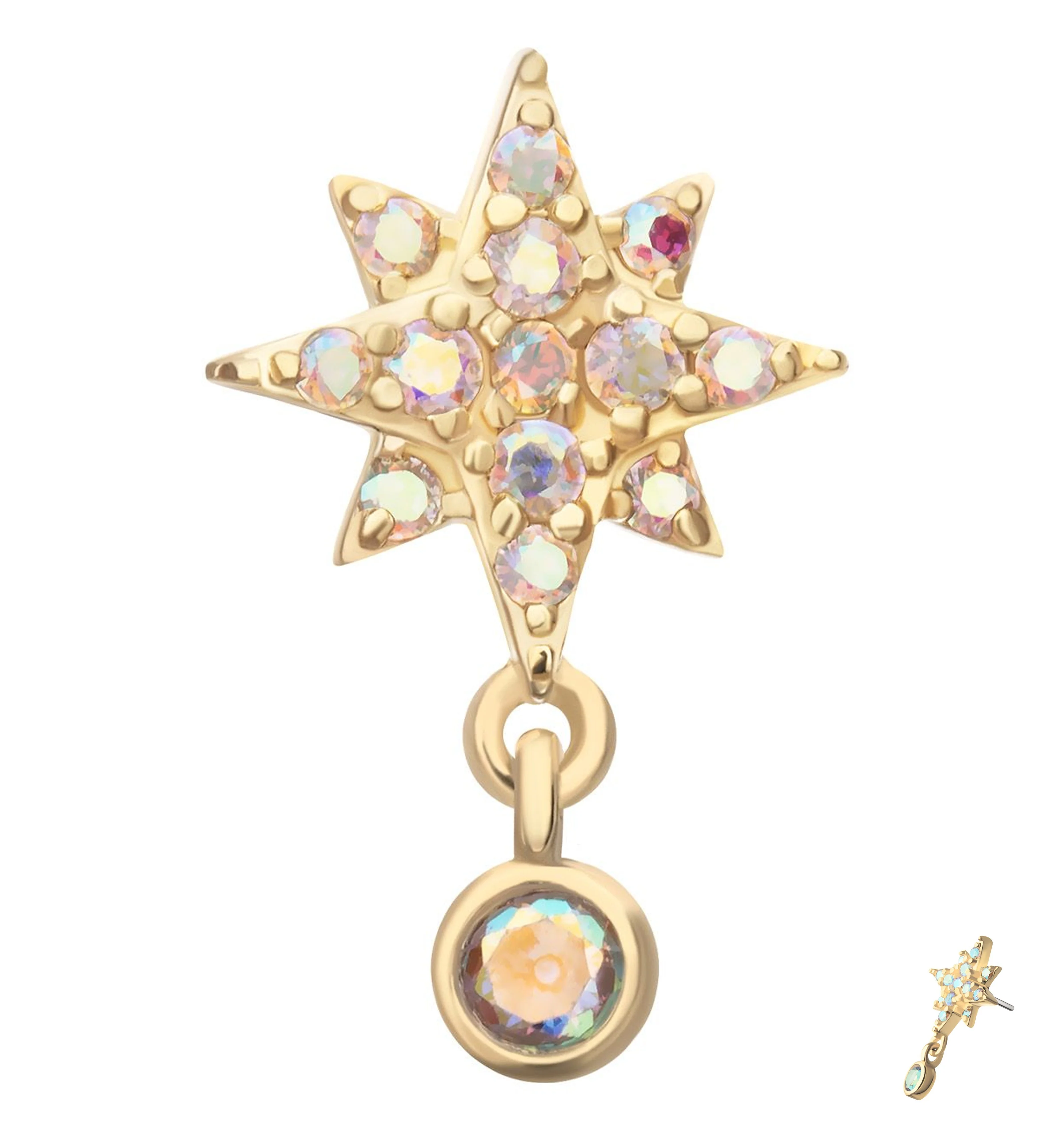 14kt Gold North Star Rainbow Aurora CZ Dangle Threadless Top - Mrs Treak