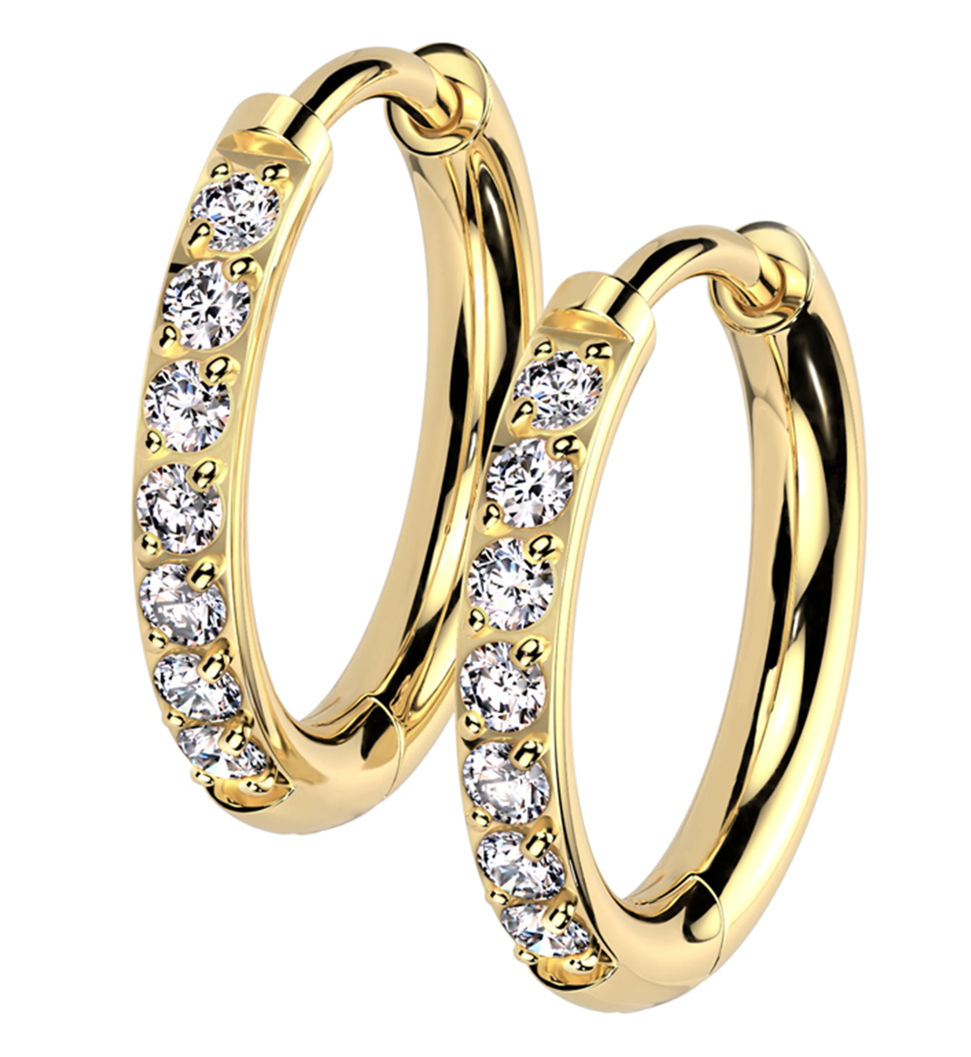 Gold PVD Titanium Clear CZ Hinged Hoop Huggie Earrings - Mrs Treak