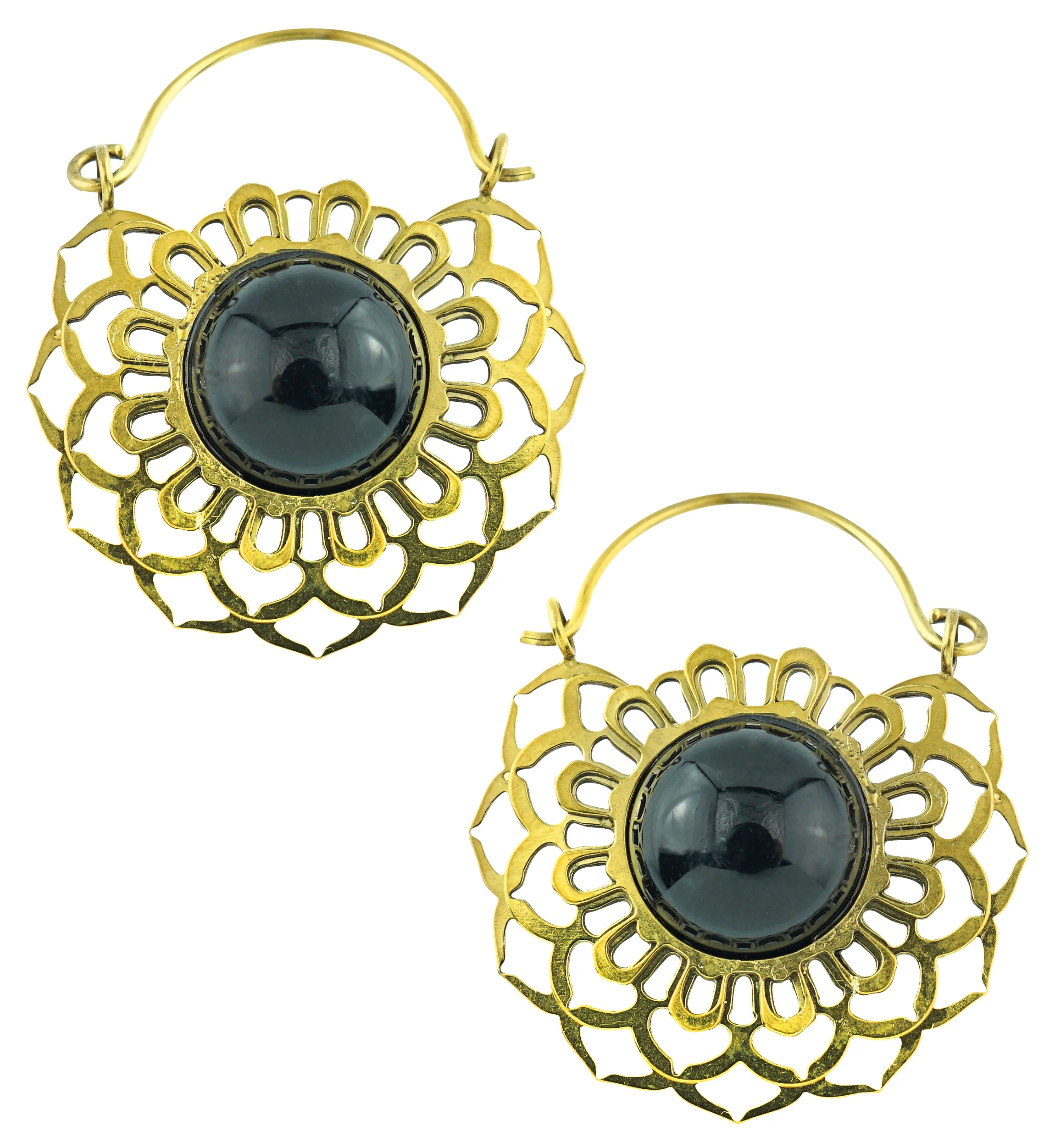Gold PVD Floral Black Onyx Stone Inlay Stainless Steel Earrings - Mrs Treak