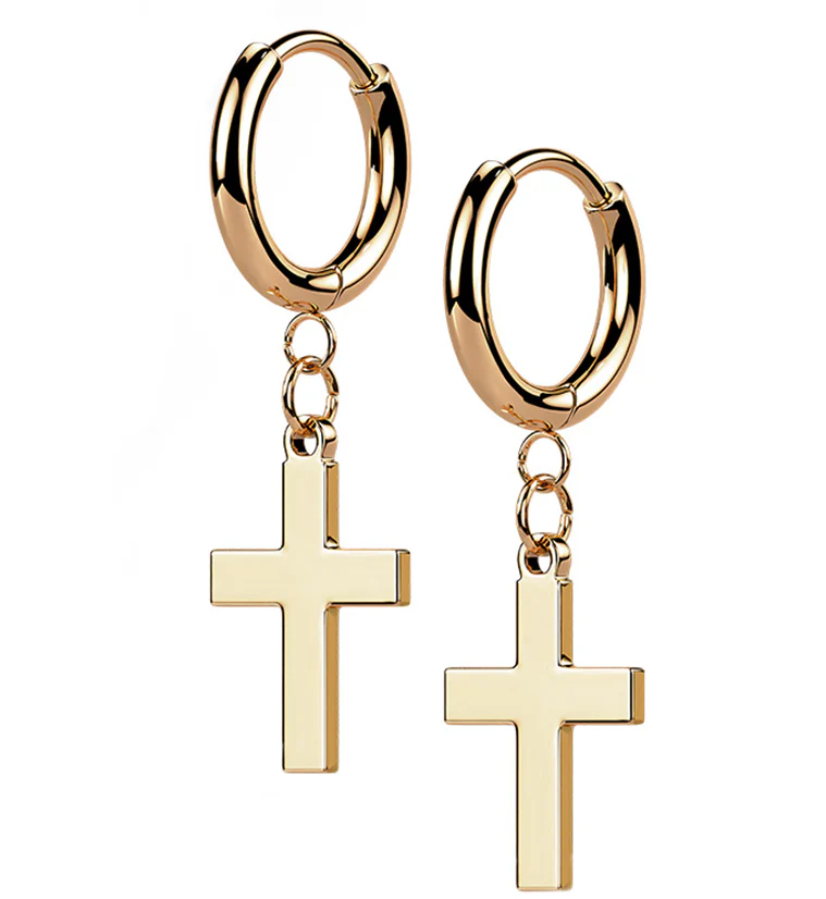 Rose Gold PVD Cross Stainless Steel Hinged Earrings - Mrs Treak