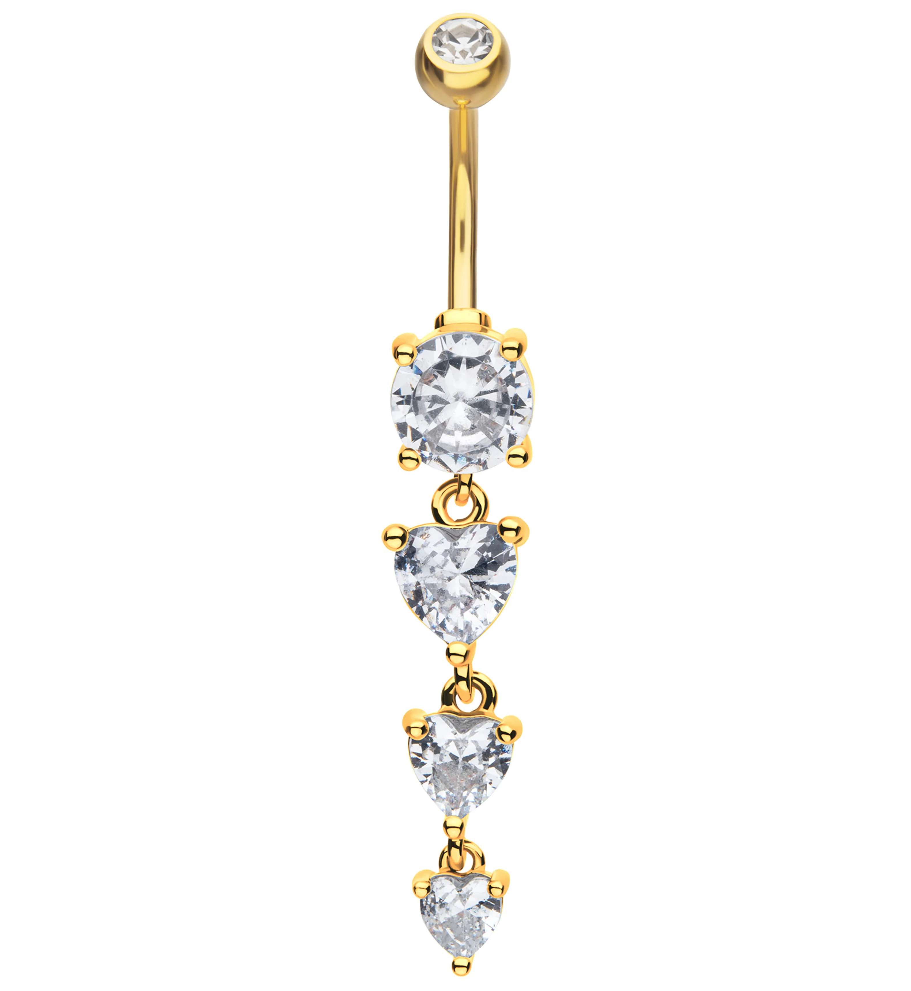 Gold PVD Lovestruck Triple Heart Clear CZ Dangle Stainless Steel Belly Button Ring - Mrs Treak