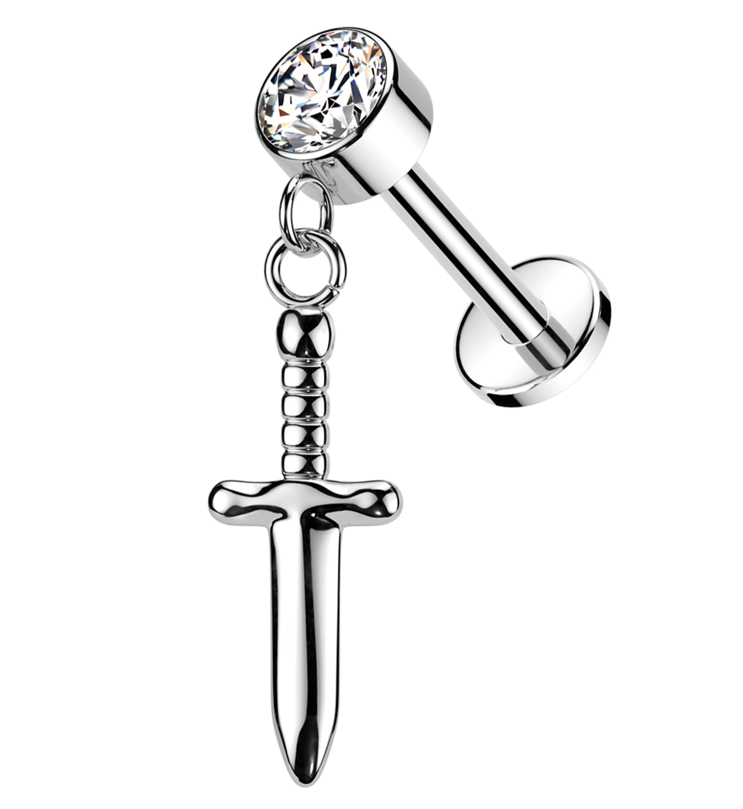 Twisted Handle Dagger Dangle Internally Threaded Titanium Labret - Mrs Treak