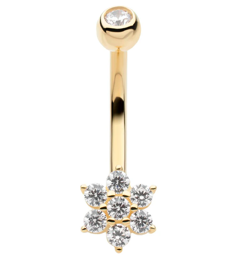 14kt Gold Flower Clear CZ Belly Button Ring - Mrs Treak