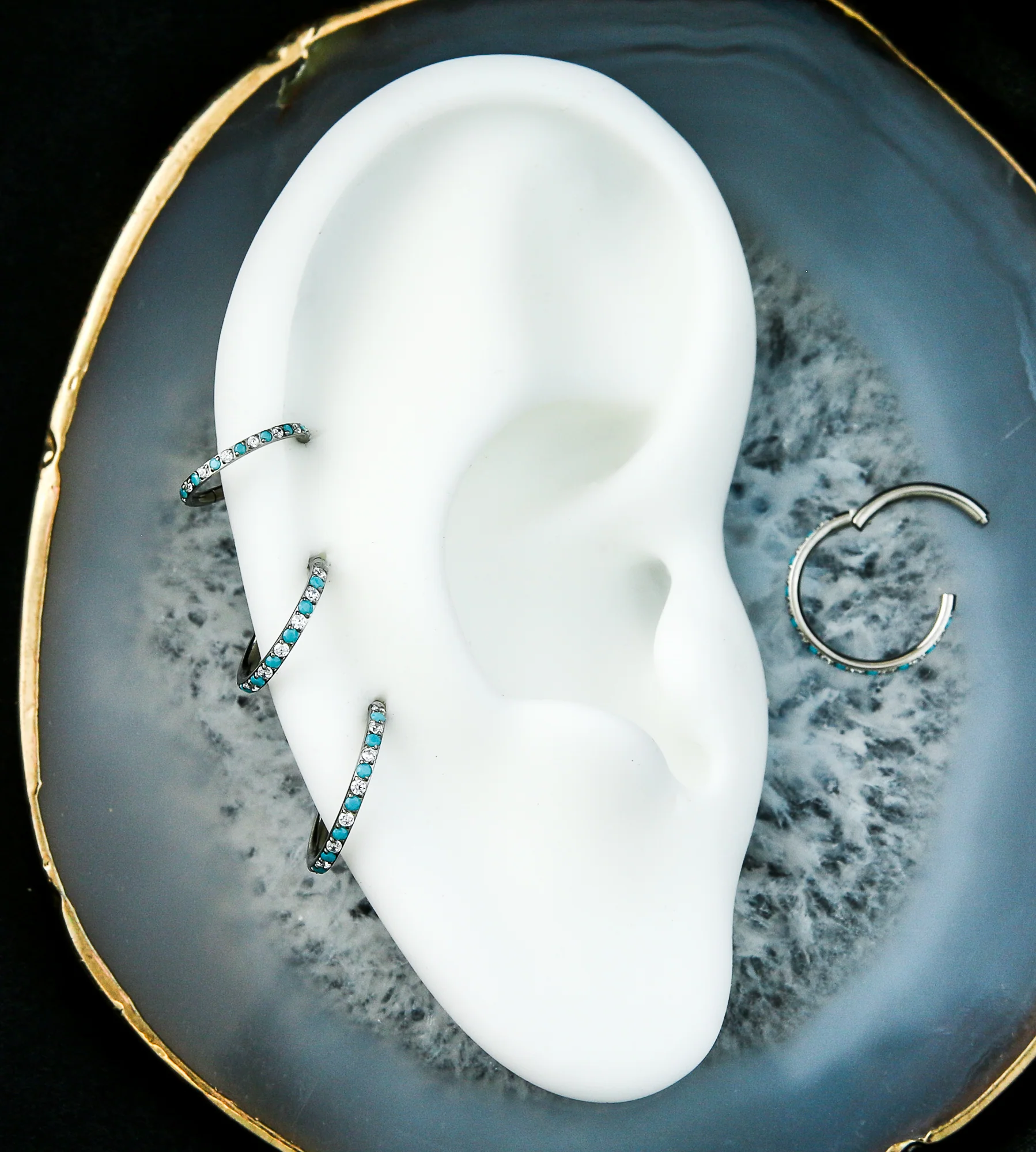 Side Facing Clear CZ Turquoise Titanium Hinged Segment Ring - Mrs Treak