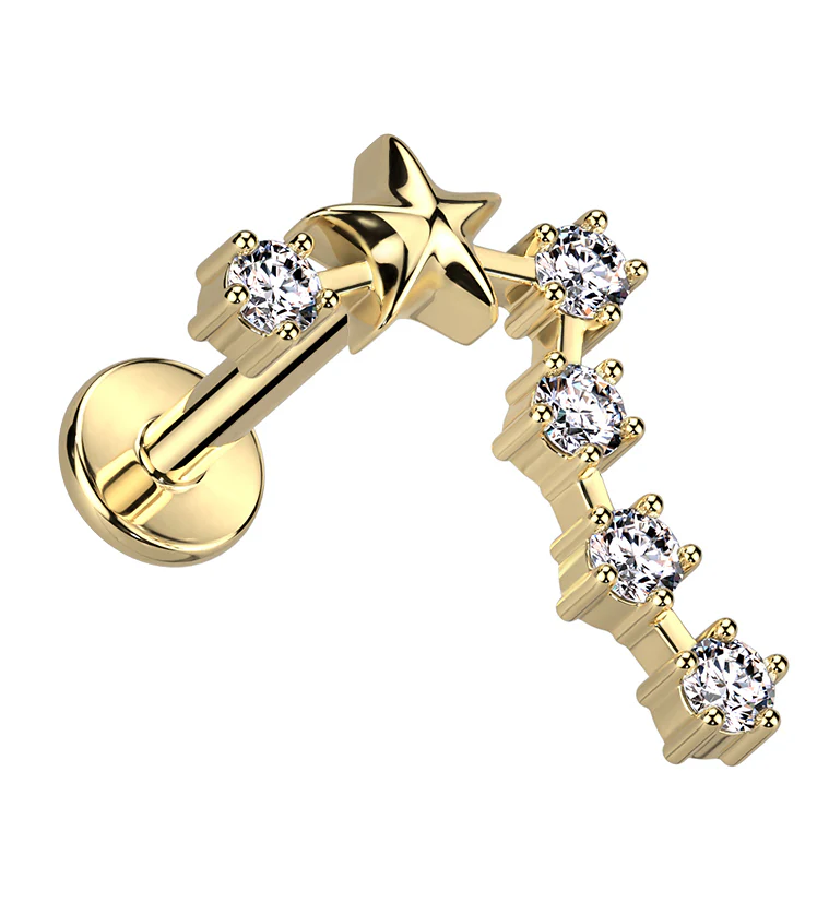 Gold PVD Pisces Constellation Clear CZ Stainless Steel Internally Threaded Labret - Mrs Treak