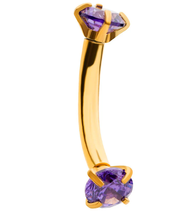 Gold PVD Amethyst CZ Prong Set Stainless Steel Curved Barbell - Mrs Treak