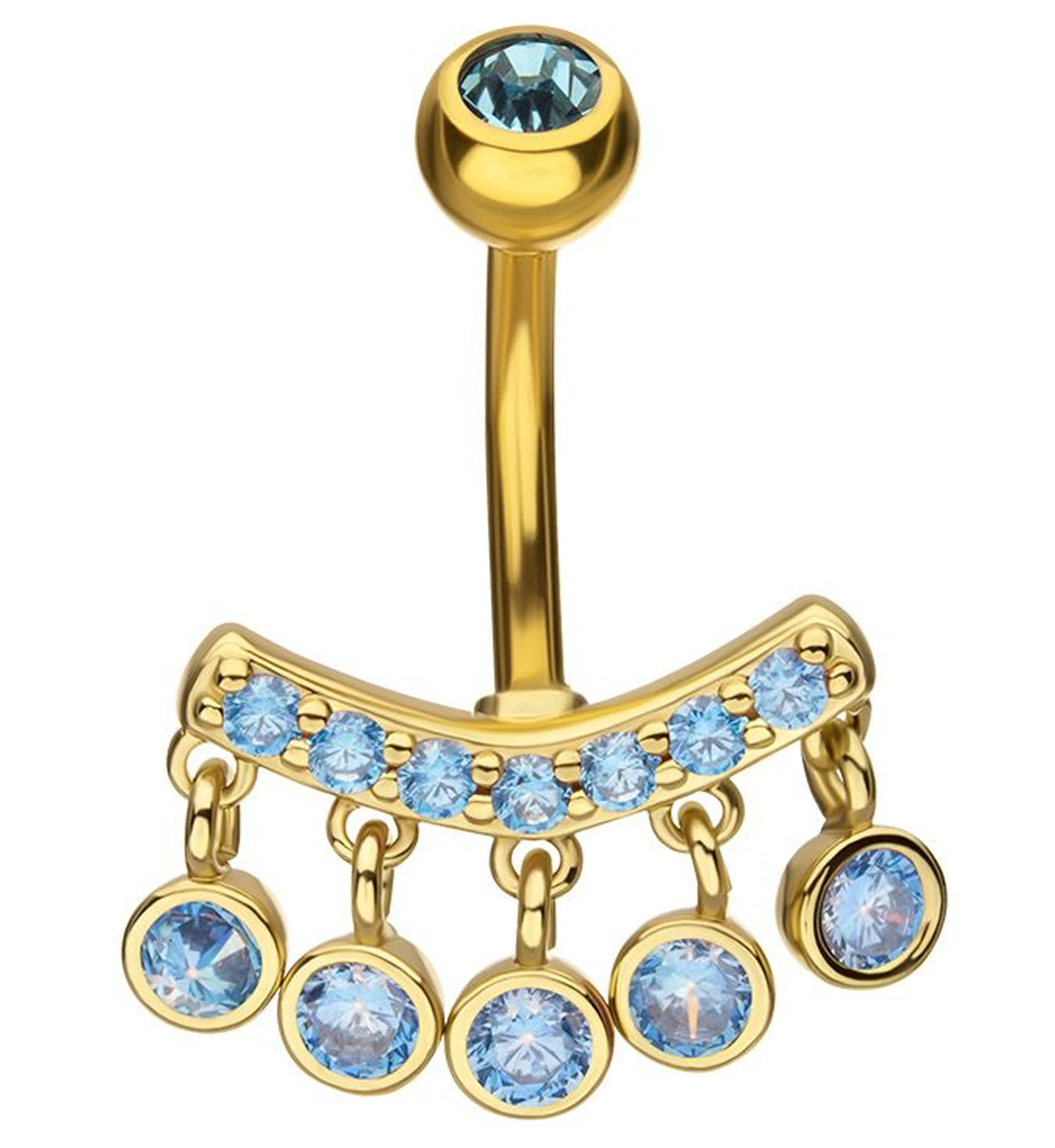 Gold PVD Curve Quinate Light Blue CZ Dangle Stainless Steel Belly Button Ring - Mrs Treak