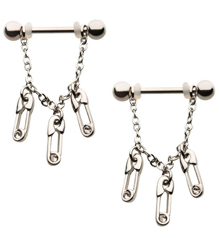 14G Safety Pin Dangle Nipple Rings Barbell - Mrs Treak