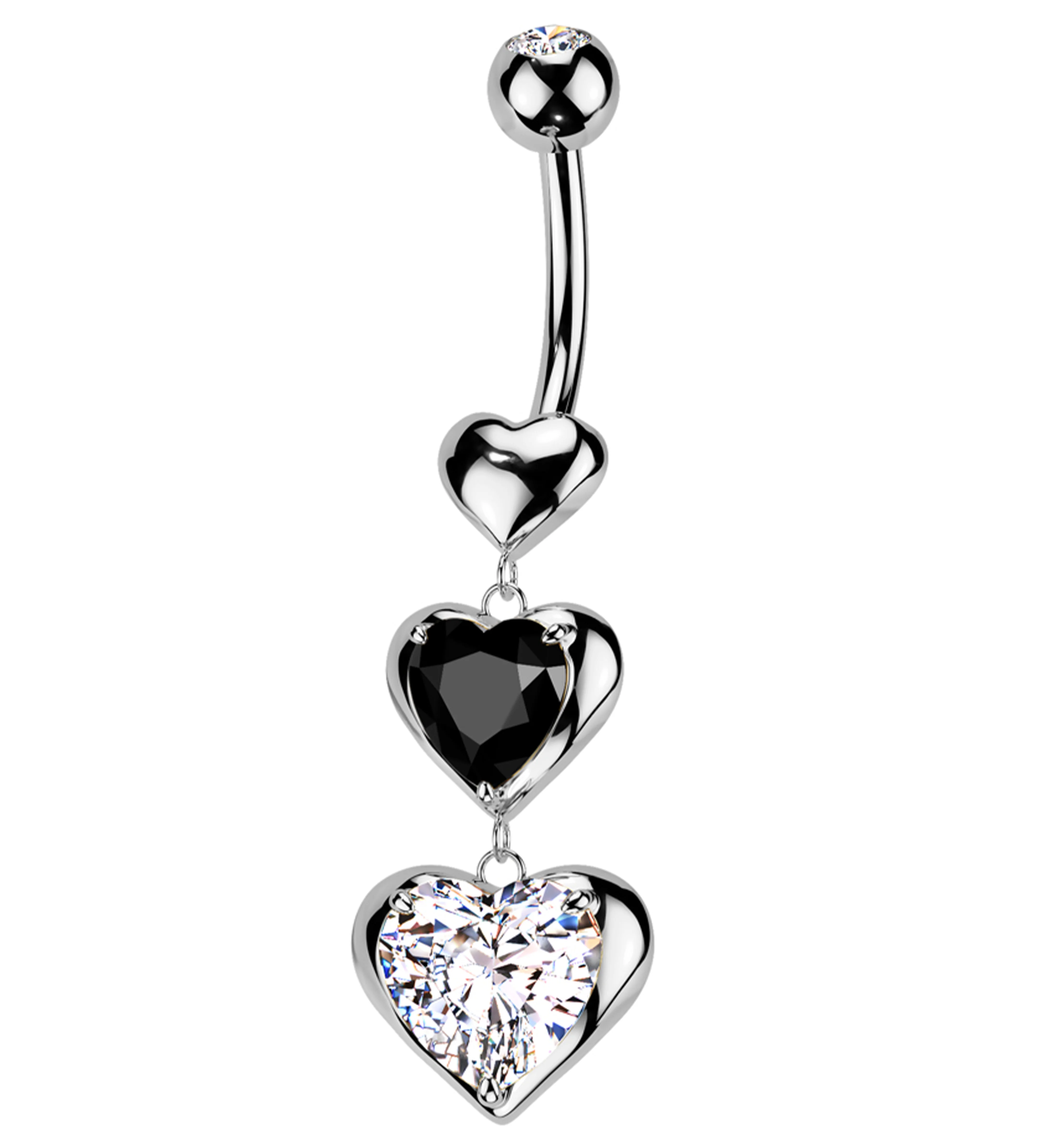 Triple Heart Dangle Clear And Black CZ Stainless Steel Belly Button Ring - Mrs Treak