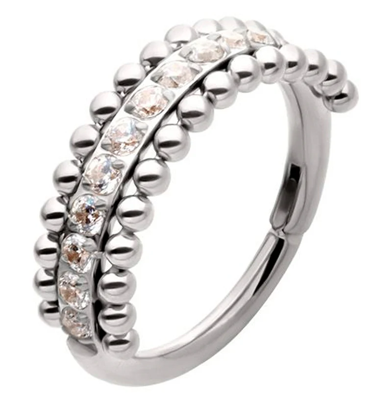 Beaded Center Row Clear CZ Stainless Steel Hinged Segment Ring - Mrs Treak