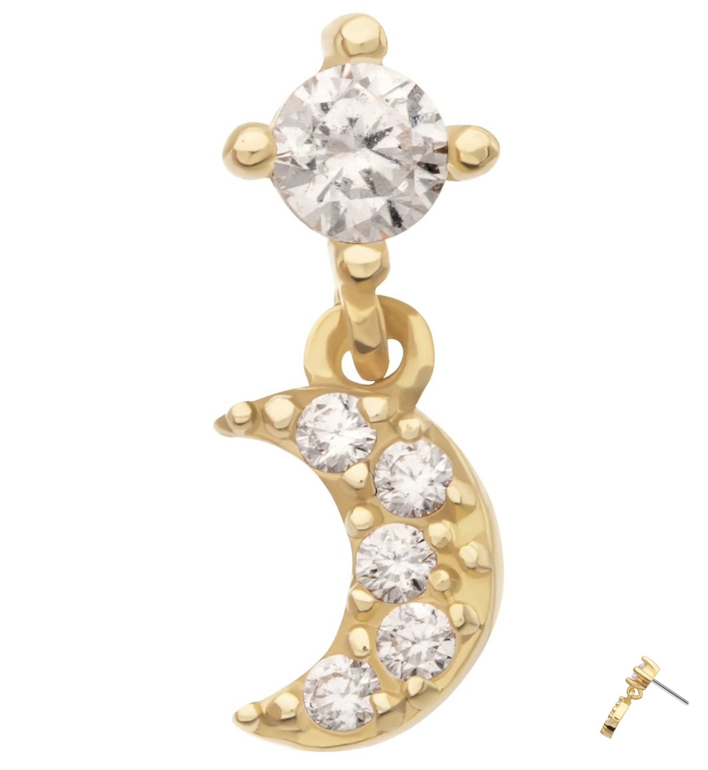 14kt Gold Beaded Half Moon Clear CZ Dangle Threadless Top - Mrs Treak