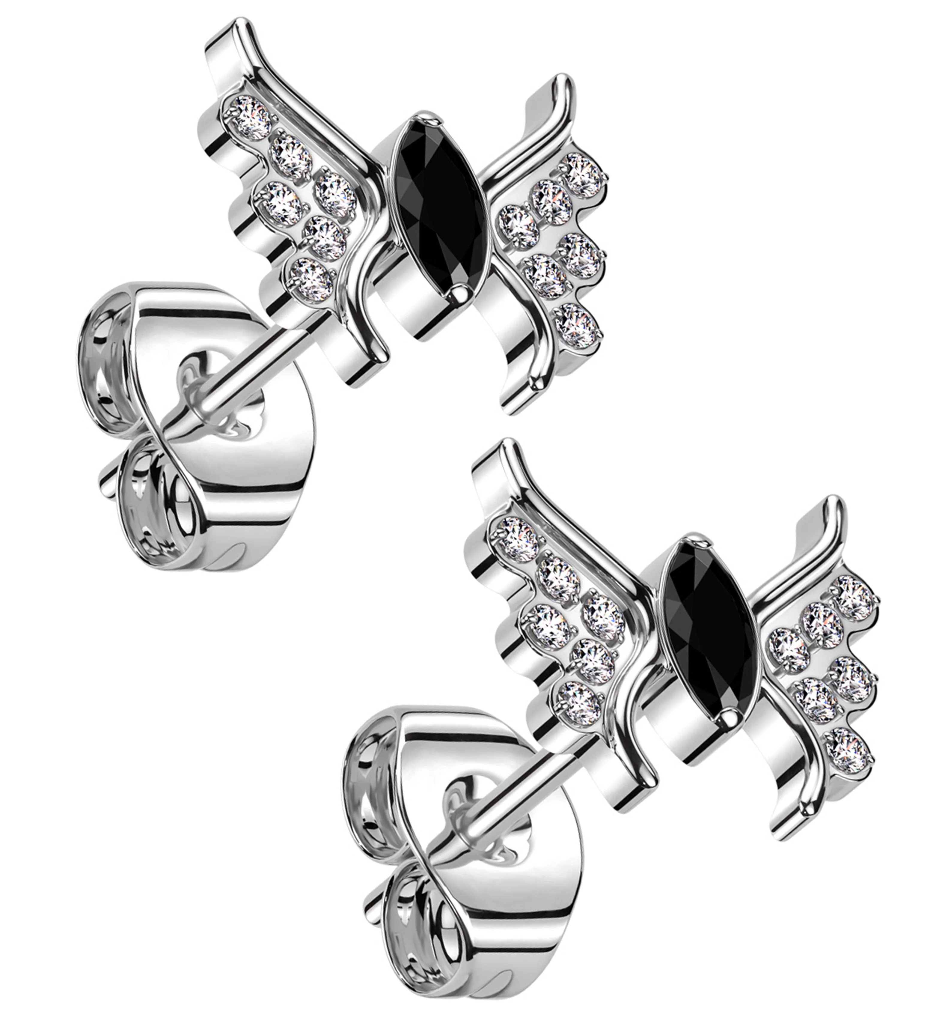 Wings Black CZ Titanium Threadless Stud Earrings - Mrs Treak
