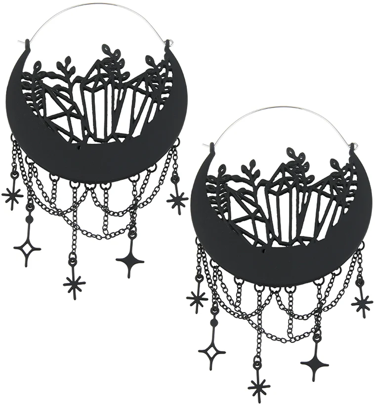 Black PVD Crescent Plant Crystals Dangle Star Stainless Steel Plug Hoops - Mrs Treak