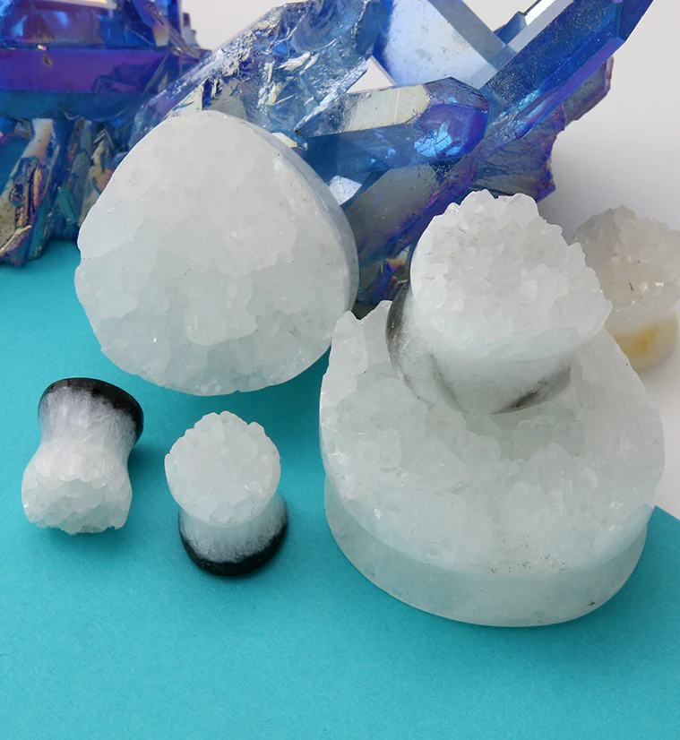 Raw White Quartz Druzy Stone Teardrop Plugs - Mrs Treak