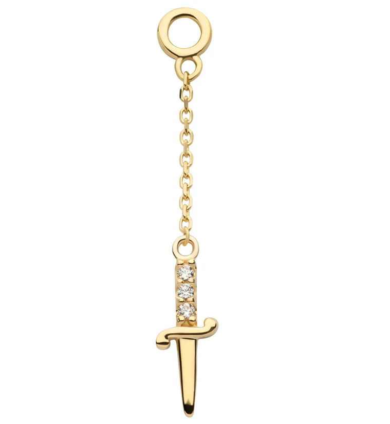 14kt Gold Dagger Clear CZ Dangle Chain Charm - Mrs Treak