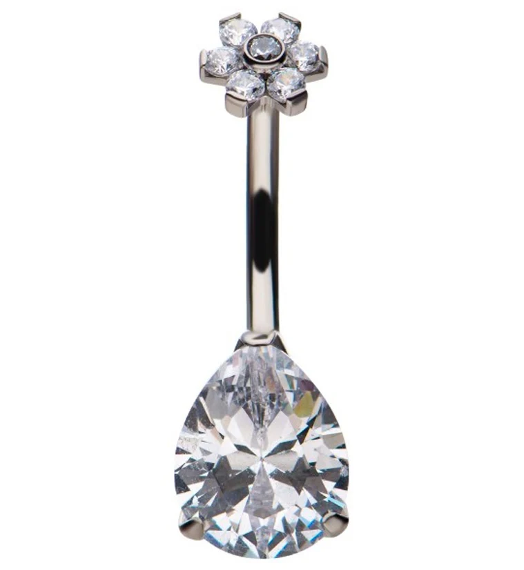 Clear Teardrop CZ Flower Titanium Belly Button Ring - Mrs Treak