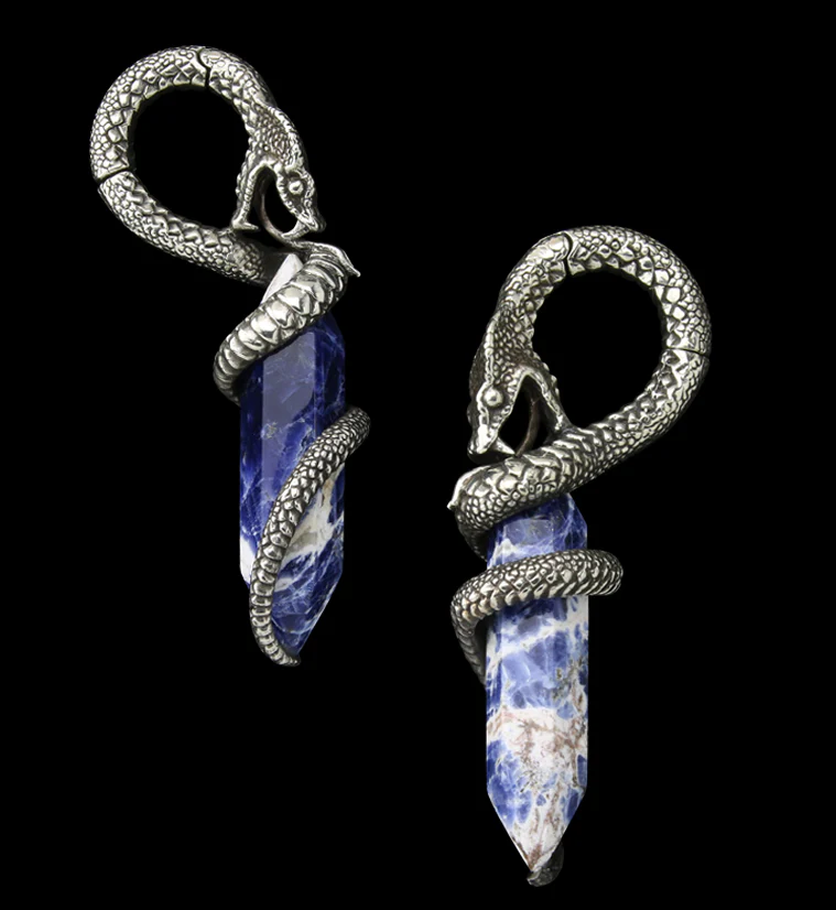 Blue Sodalite Stone Cobra White Brass Hinged Ear Weights - Mrs Treak