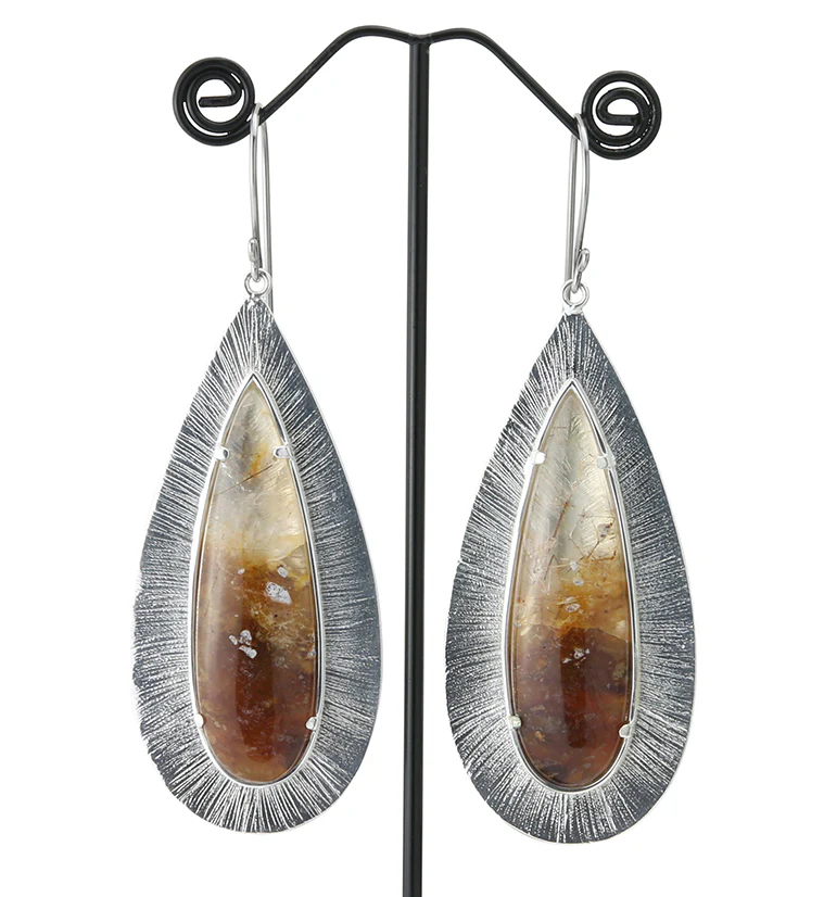 Score Rutilated Quartz Stone White Brass Hangers / Earrings - Mrs Treak