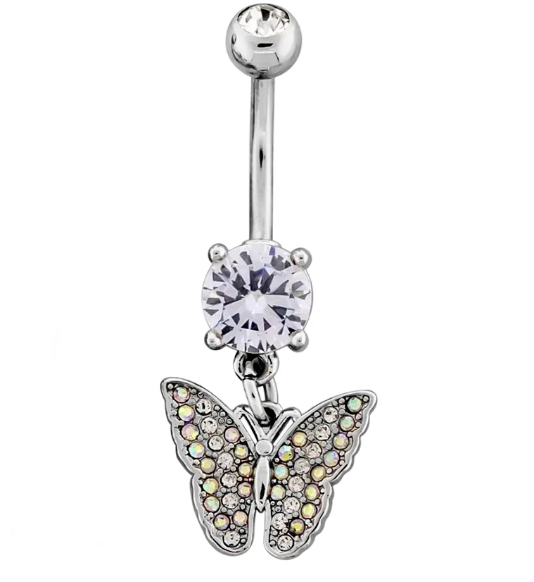 Butterfly Rainbow Aurora CZ Stainless Steel Belly Button Ring - Mrs Treak