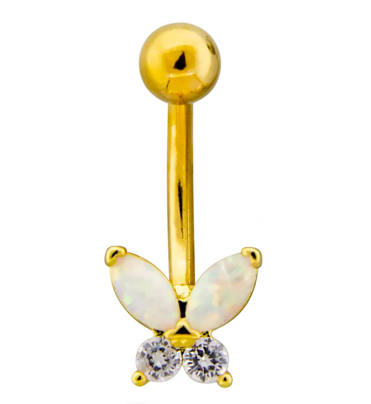 Gold PVD White Opalite Butterfly CZ Stainless Steel Belly Button Ring - Mrs Treak