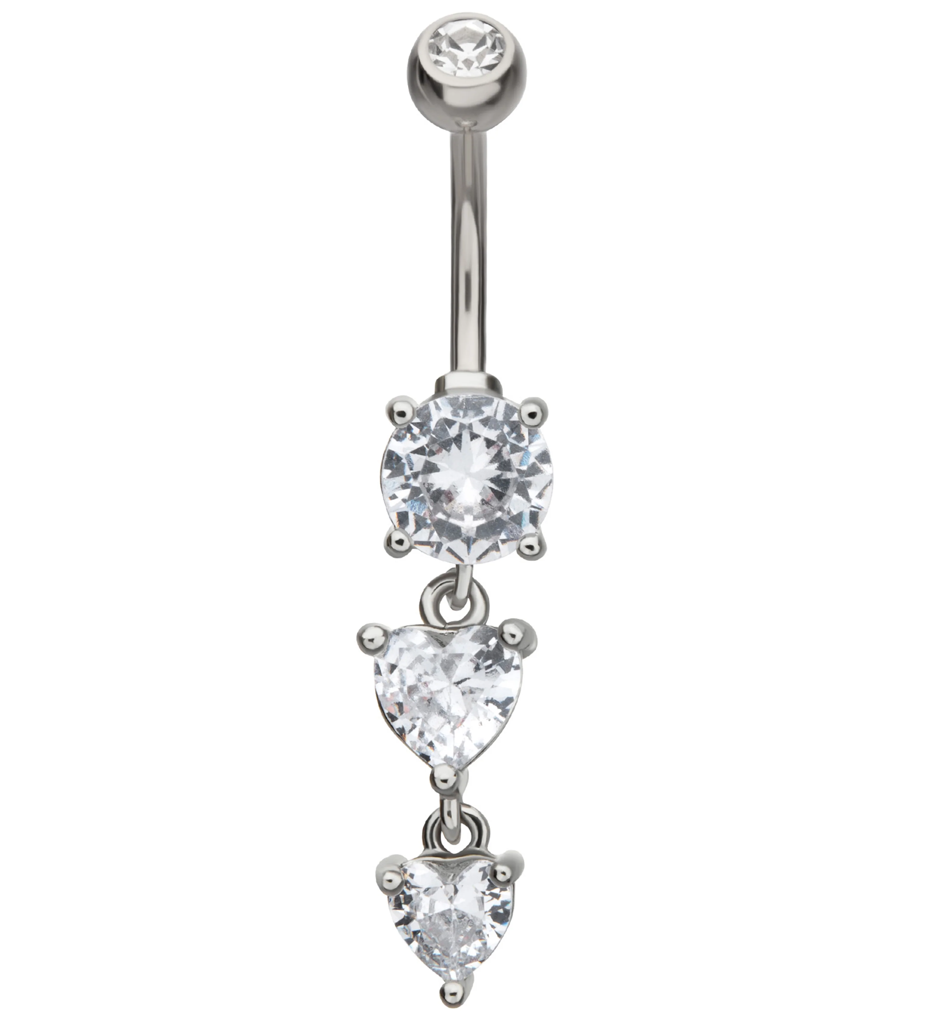 Double Heart Clear CZ Dangle Stainless Steel Belly Button Ring - Mrs Treak