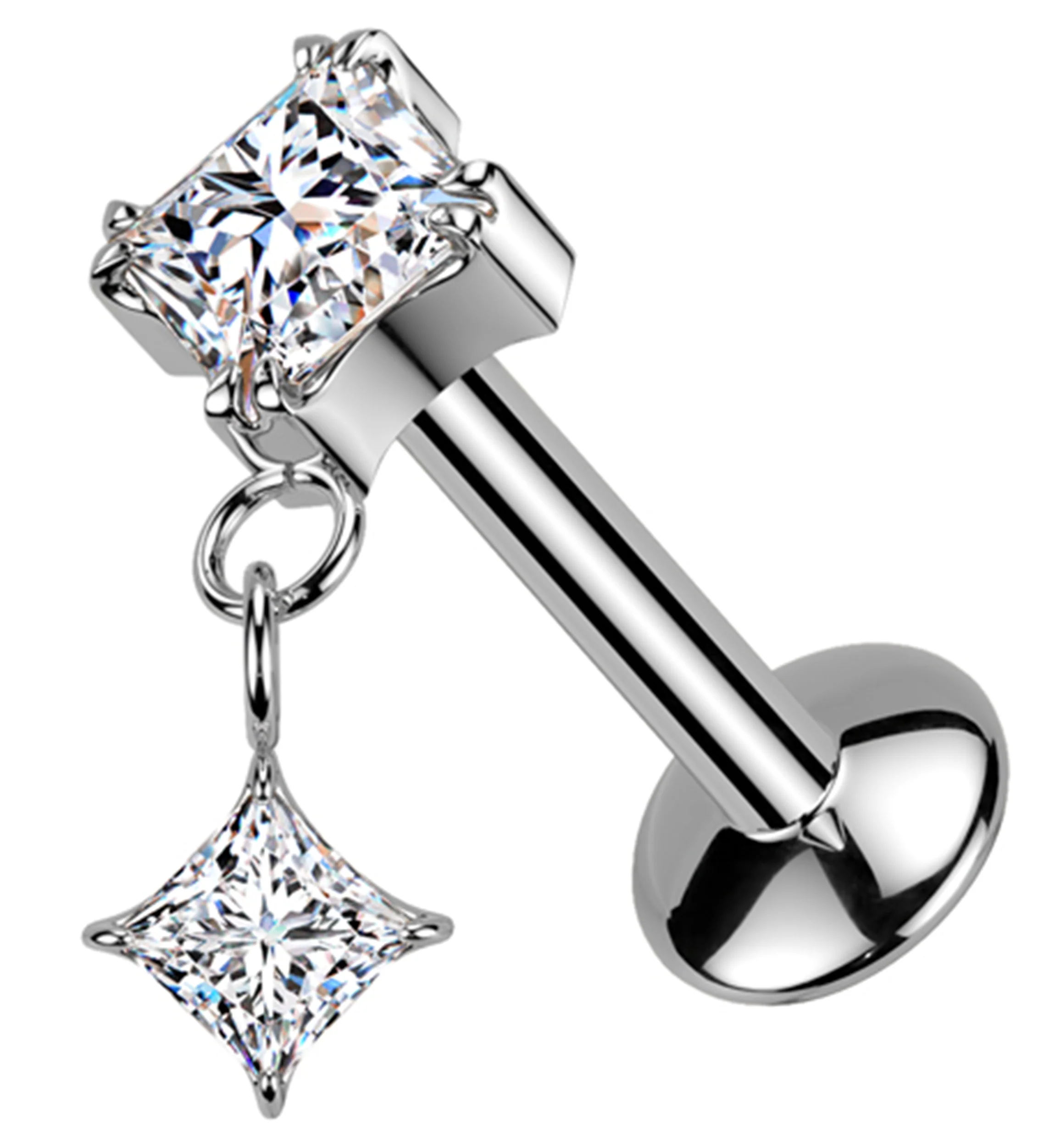 Prong Rhombus Clear CZ Dangle Titanium Convex Disk Labret - Mrs Treak