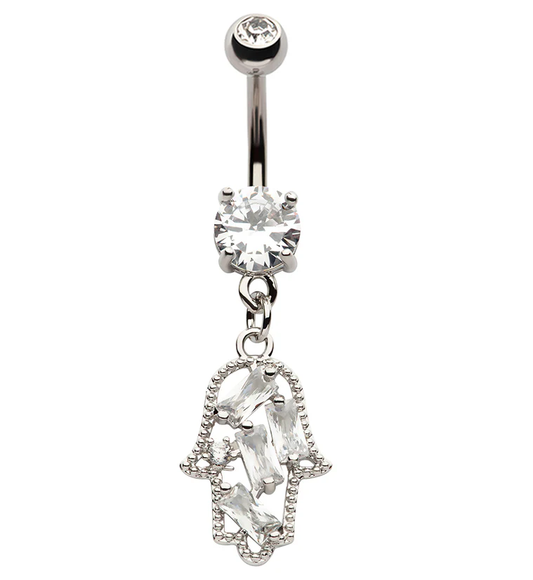 Hamsa Hand Baguette CZ Dangle Stainless Steel Belly Button Ring - Mrs Treak