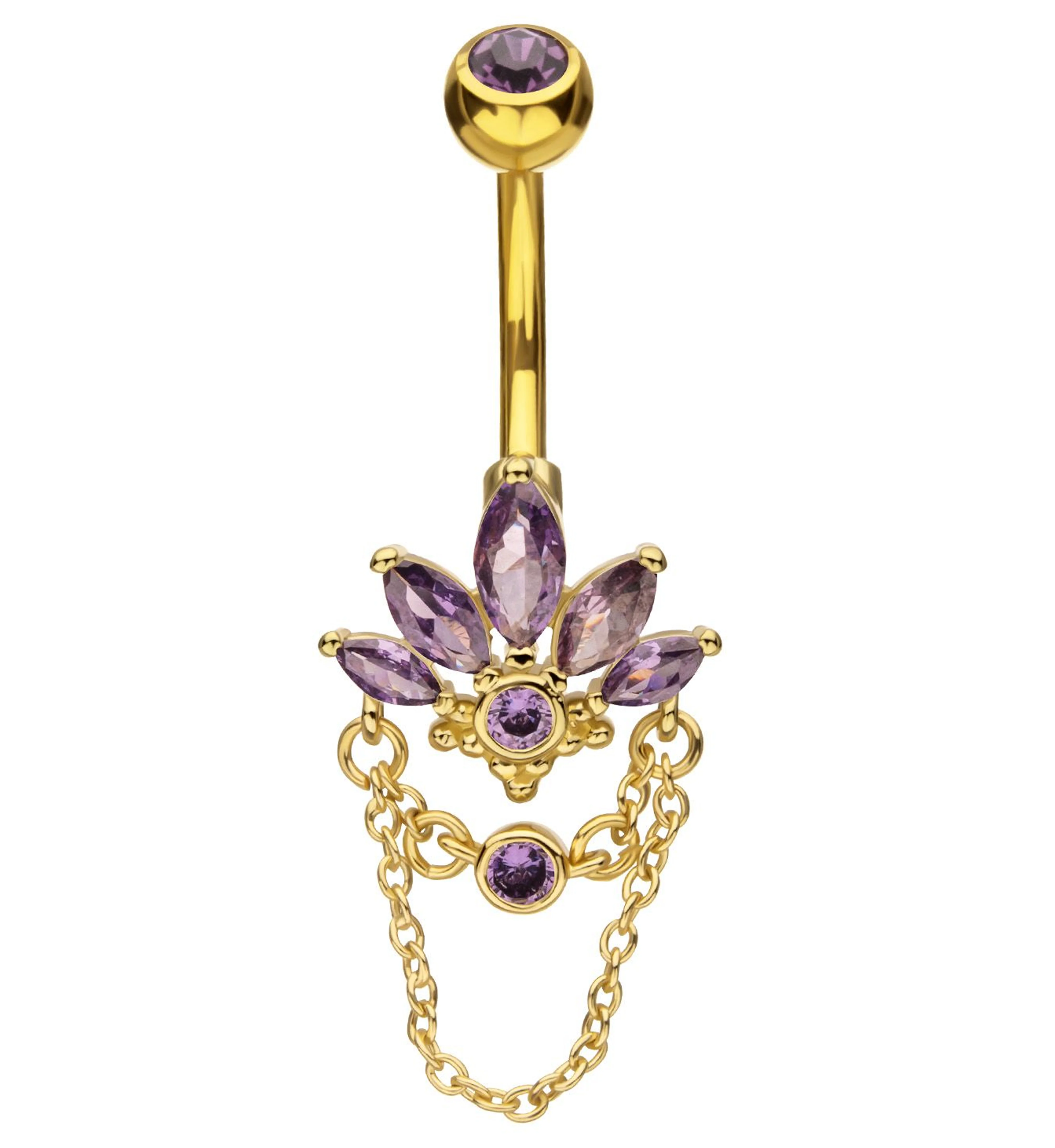 Gold PVD Marquise Lotus Amethyst CZ Dangle Chain Stainless Steel Belly Button Ring - Mrs Treak