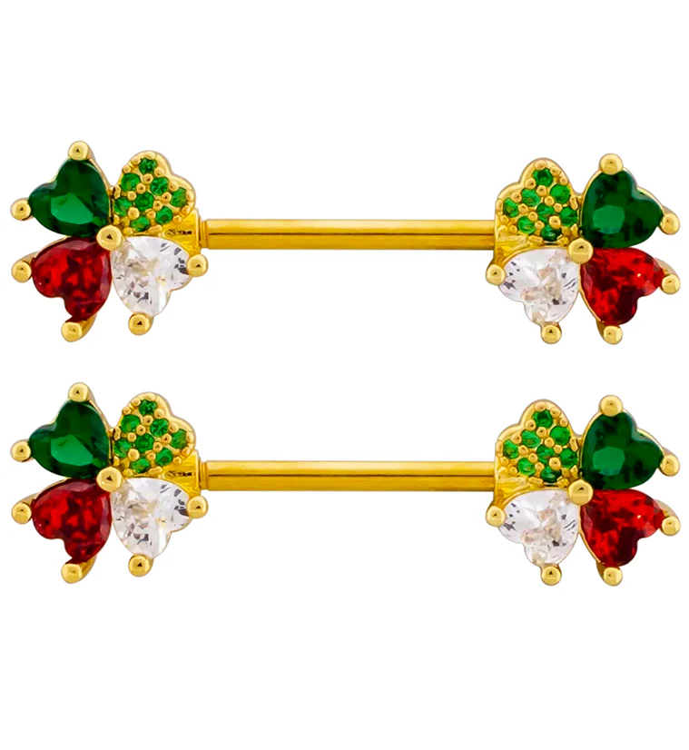 Gold PVD Lucky Clover Red And Green CZ Dangle Stainless Steel Nipple Barbell - Mrs Treak