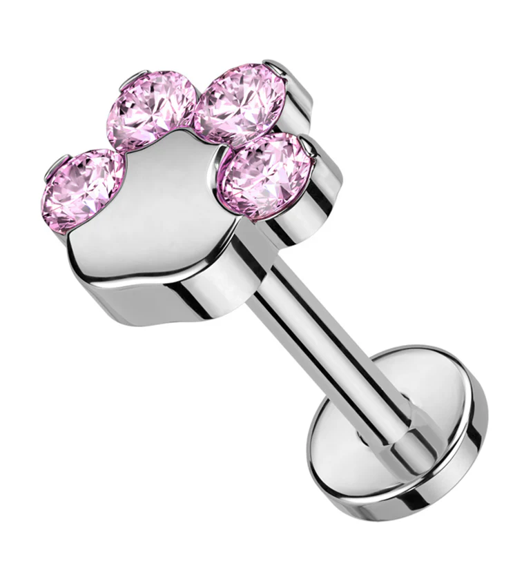 Paw Print Pink CZ Titanium Threadless Labret - Mrs Treak