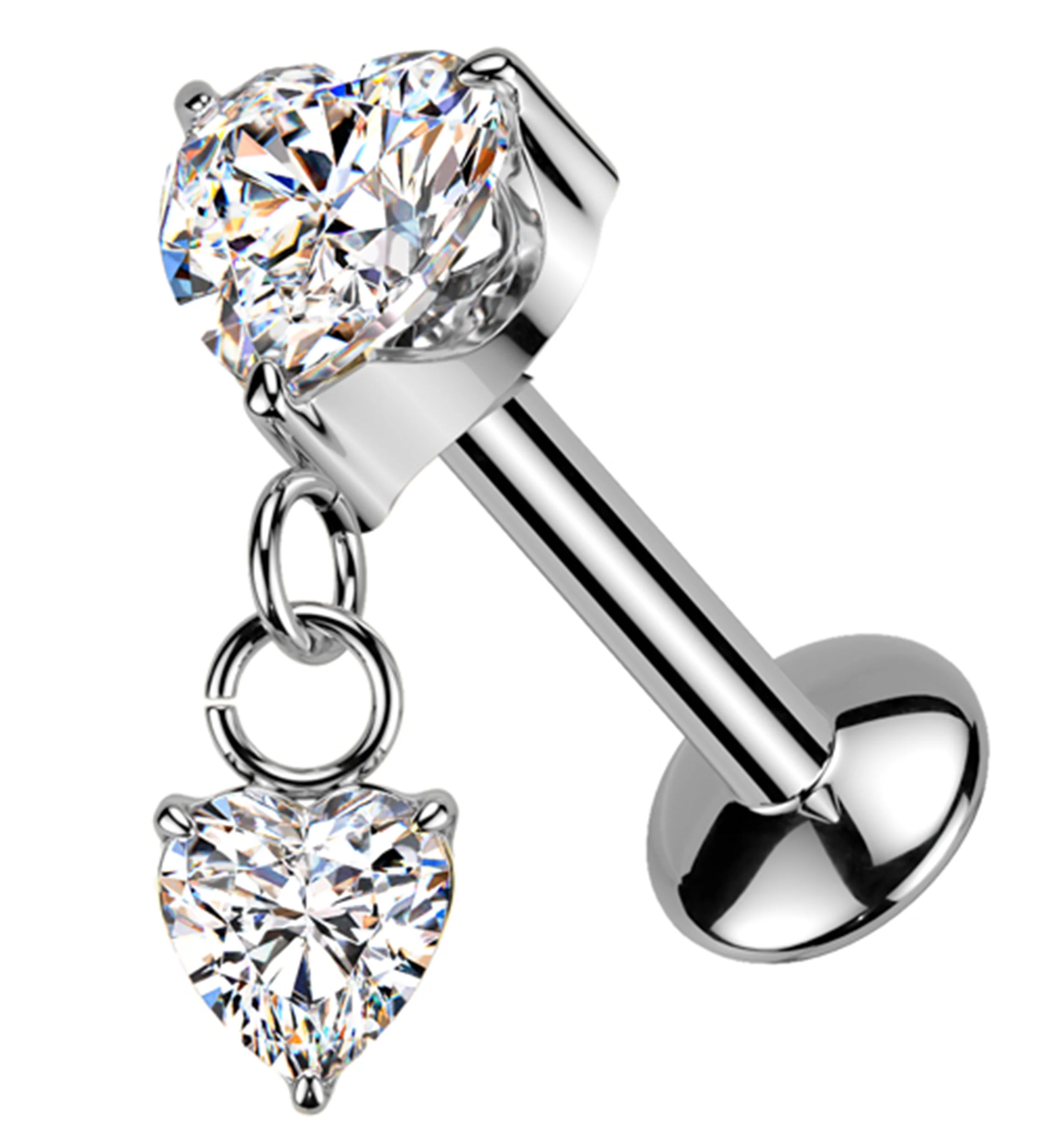 Double Heart Dangle Clear CZ Threadless Titanium Convex Disk Labret - Mrs Treak